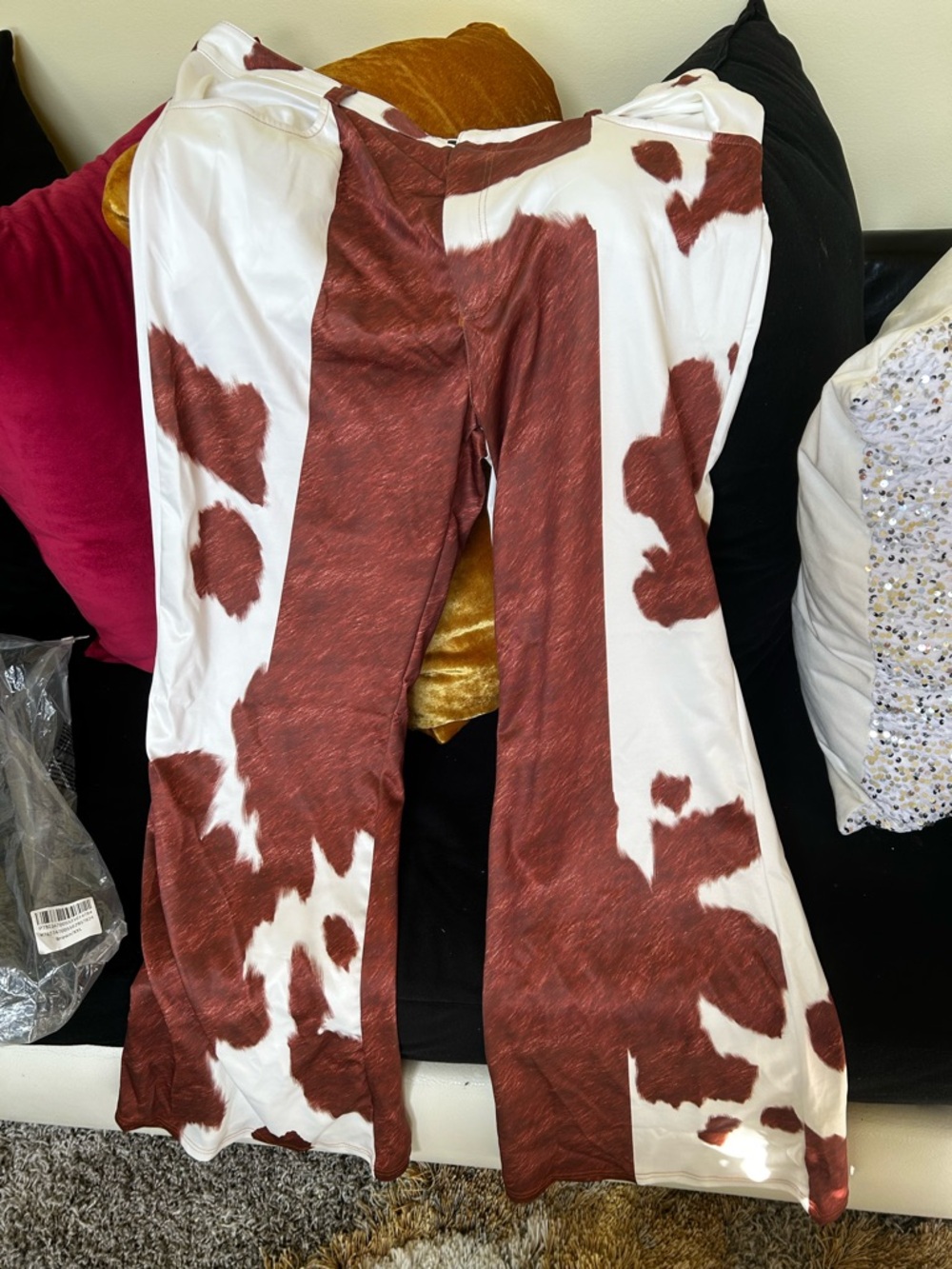 Women’s Boot Cut Flare Pants in White & Brown Cow Print